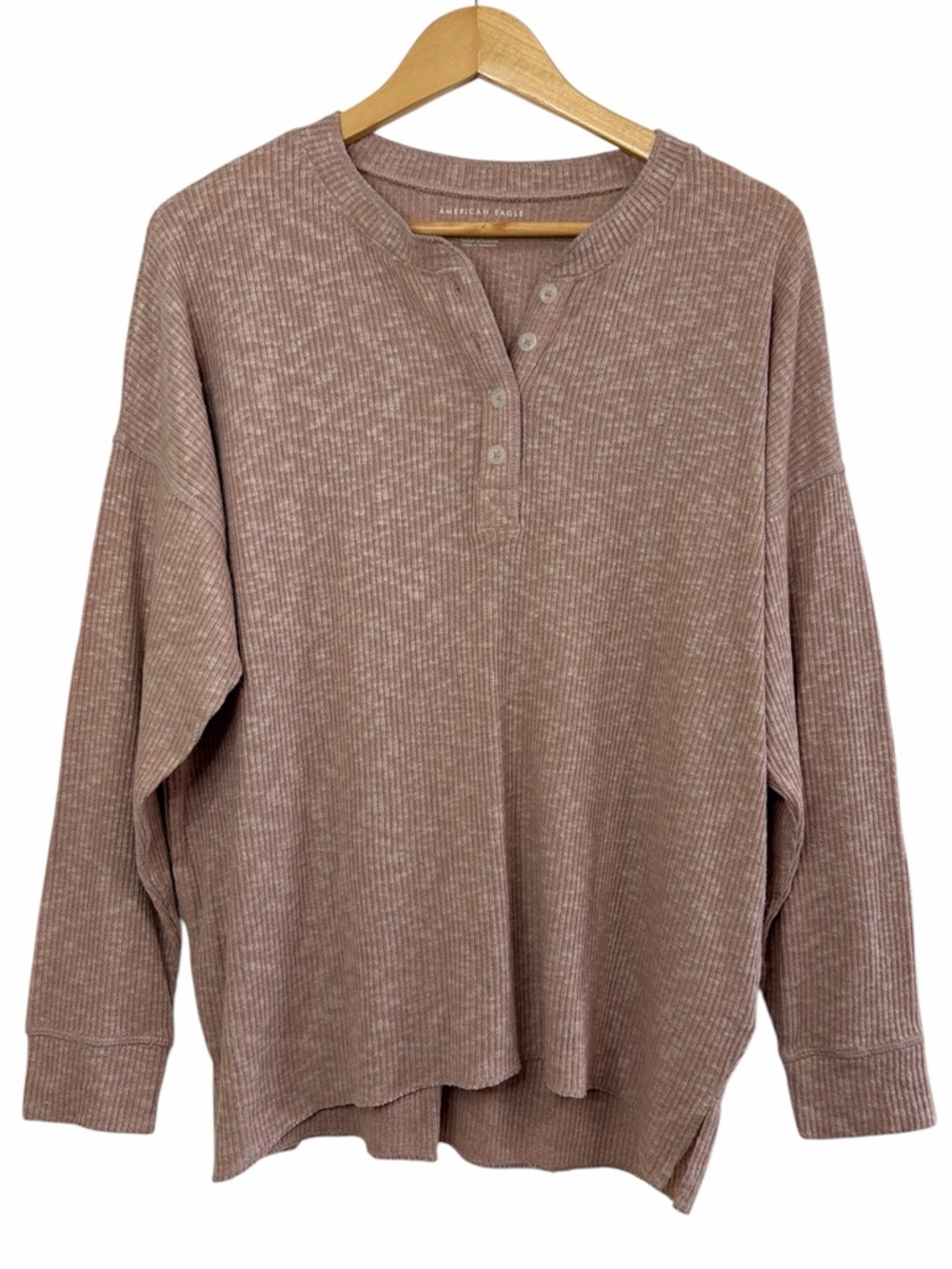 American Eagle Ribbed Henley Top Taupe Long Sleeve Soft Knit Large